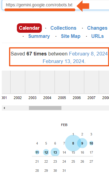 Screenshot of Google Gemini robots. txt from Internet Archive showing it was there on February 8, 2024.