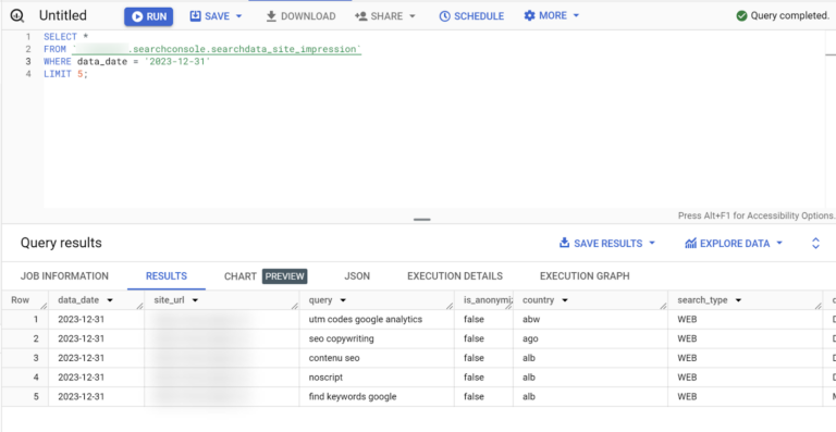 results from the first query we made shown in a table format