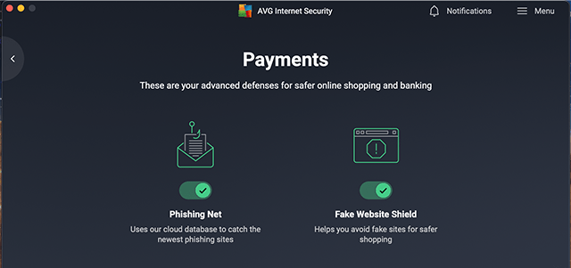 Screenshot of AVG Antivirus, Payments Protection