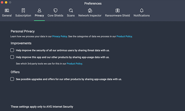 Screenshot of AVG Antivirus, Privacy preferences