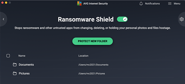 Screenshot of AVG Antivirus, Ransomware