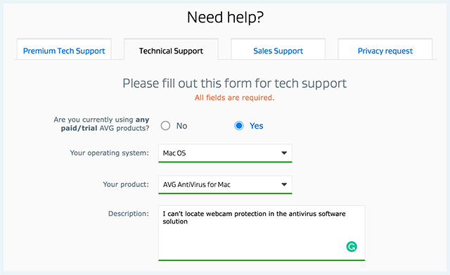 Screenshot of AVG Antivirus, Support Form